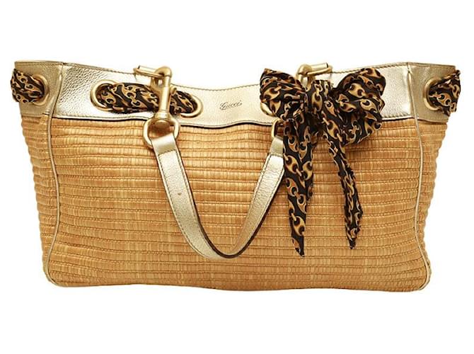 GUCCI Raffia Gold leather trim Positano Tote Bag with brown silk