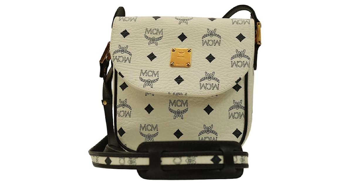 MCM White Vicetos Logo Flap Top Long Crossbody Strap Handbag Small