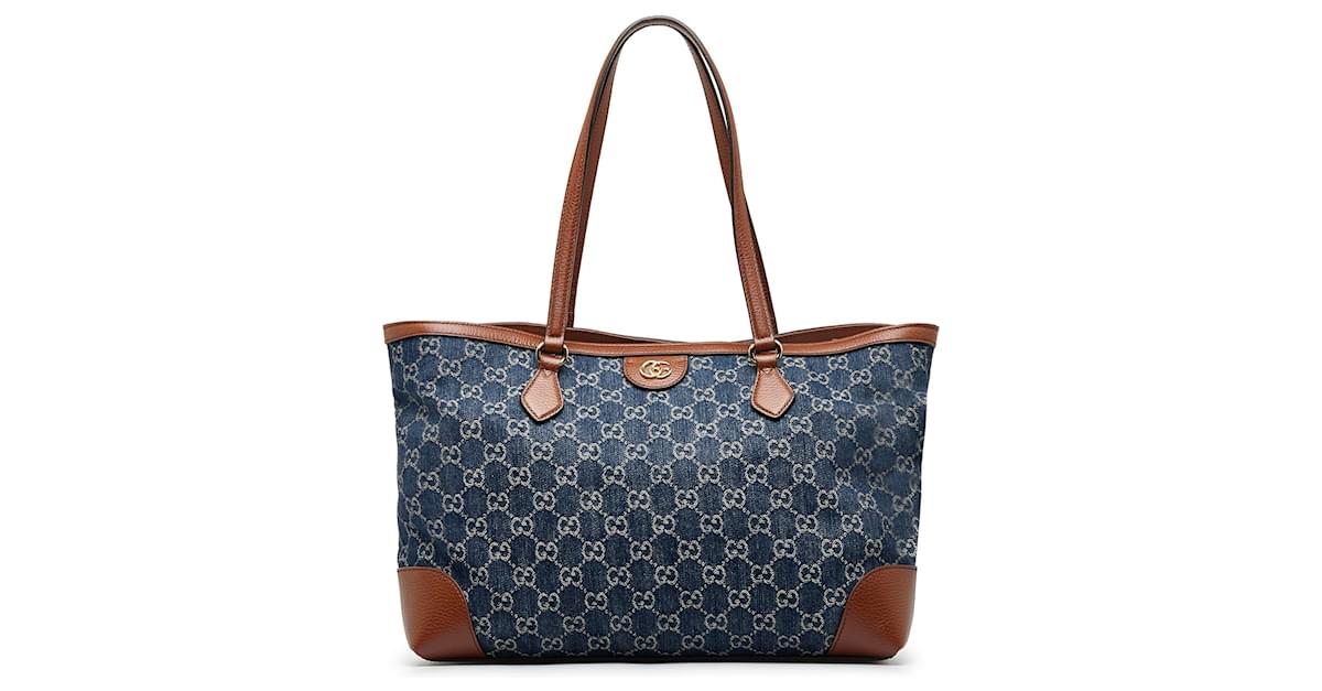 Gucci Blue/Brown GG Denim And Leather Medium Ophidia Shopping Tote