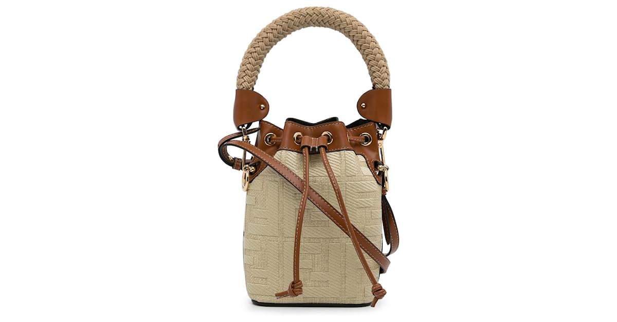 Fendi Tobacco/Cream Zucca Canvas and Raffia Mini Mon Tresor Bucket