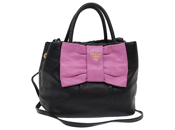 PRADA Ribbon Hand Bag Leather 2way Black Pink Auth hk777 ref