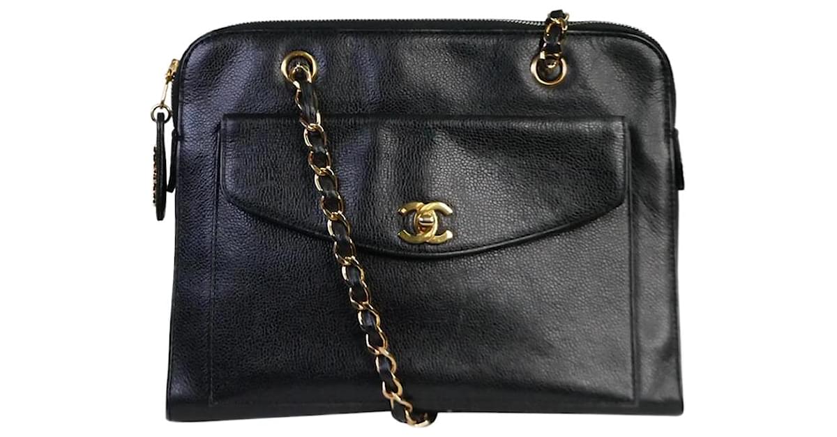 Chanel BLACK VINTAGE 1997-1999 caviar leather CC turnlock zipped bag  ref.1027741