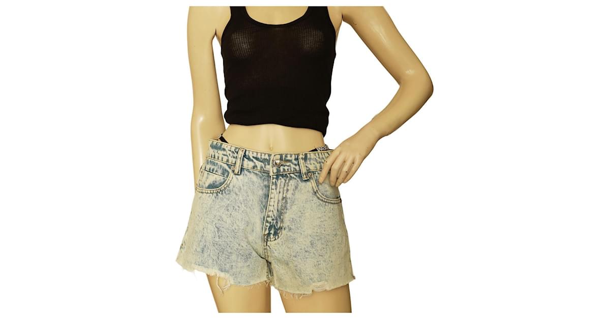 Alexander Wang Blue Denim Jeans Crystal Logo Strap Raw Cut Shorts size L  Cotton ref.1028479 - Joli Closet