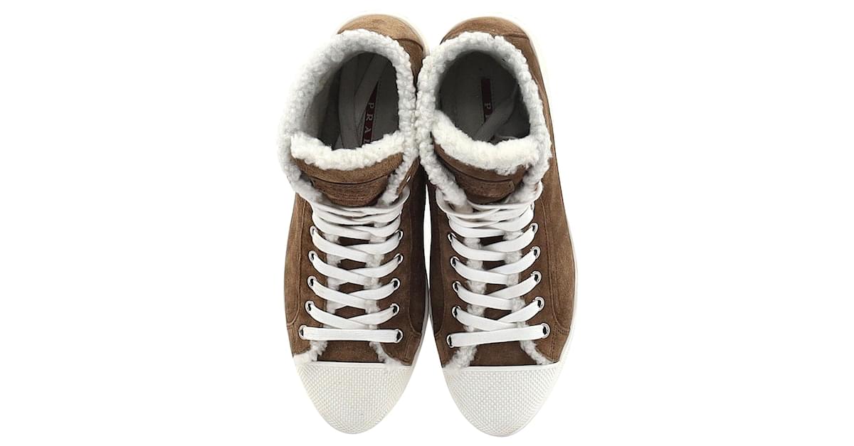 Prada Shearling Lined High Top Sneakers in Brown Suede ref.1032315