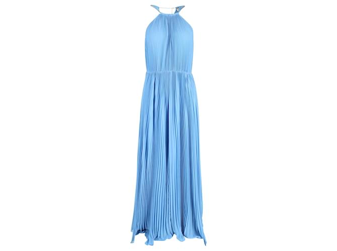 Michael Kors Chain Halter-Neck Pleated Maxi Dress in Blue