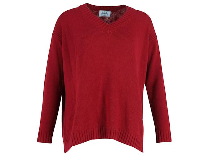 Prada Elbow Patch V-neck Sweater in Burgundy Wool Red Dark