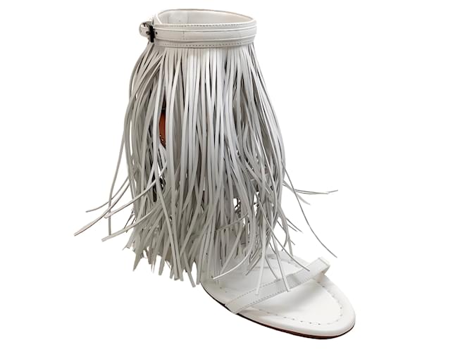 Alaïa Alaia White Leather Maxi Fringe Sandals with Ankle