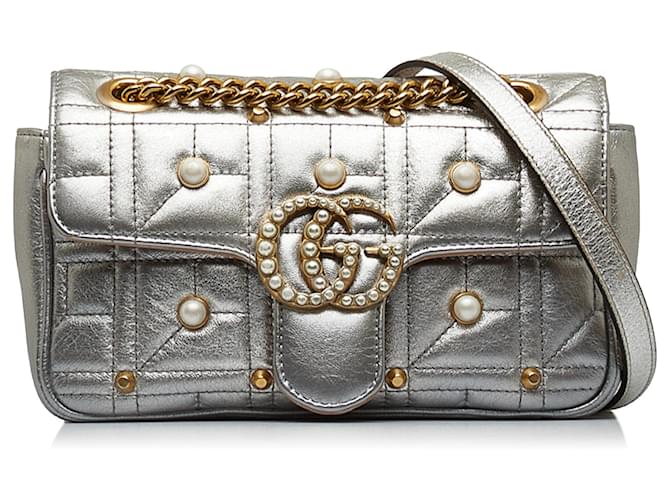 Gucci Silver Mini GG Marmont Matelasse Pearl Crossbody Bag