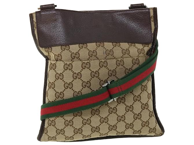 GUCCI GG Canvas Web Sherry Line Shoulder Bag Leather Beige Red