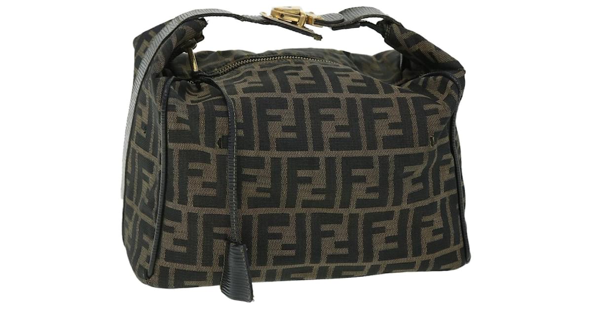 FENDI Zucca Canvas Vanity pouch Hand Bag Brown Black Auth 52743 Cloth ...