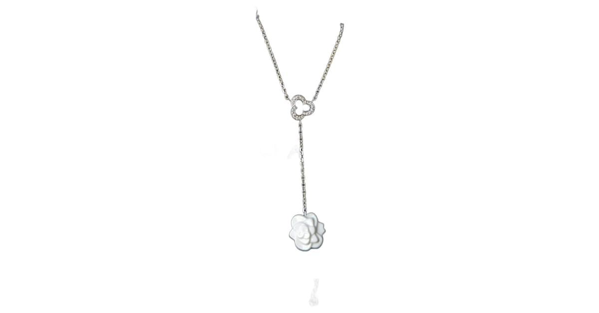 Chanel Camellia White Agate Diamond Necklace J2934 750WG Box Cert