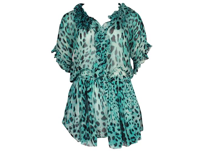 Dolce Gabbana Vintage Green/ Turquoise Leopard Print Silk Dress