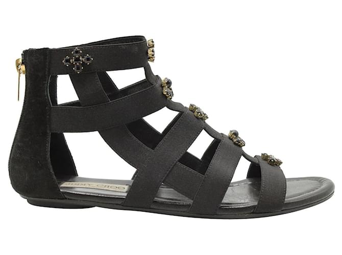 Jimmy Choo Black Bejeweled Waiver Gladiator Flat Sandals ref