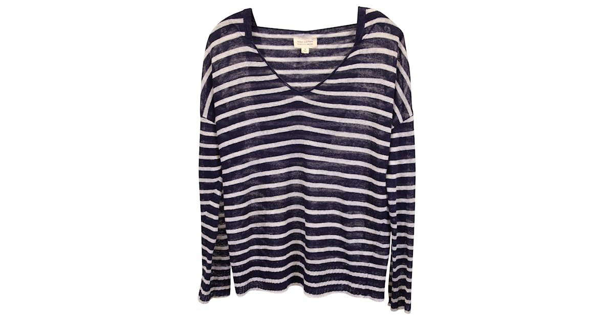 Nili Lotan Striped Hooded Sweatshirt in Navy Blue Linen ref