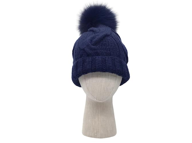 Loro Piana Navy Blue Fox Fur Trimmed Baby Cashmere Knit Beanie Hat
