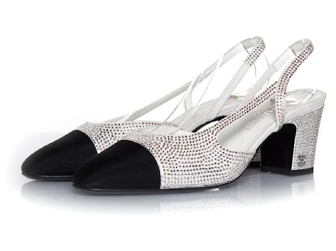 Chanel, slingback heels in rhinestones Black White