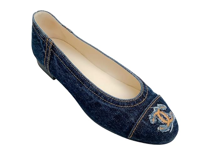 Chanel Denim Ballet Flats with Logo Blue Cloth Joli
