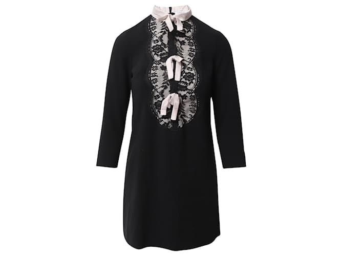 Sandro Paris Lace Inset Bow Collar Dress in Black Polyester (Sold) - Joli Closet Sandro Paris Lace Inset Bow Collar Dress in Black Polyester (Sold) - Joli Closet