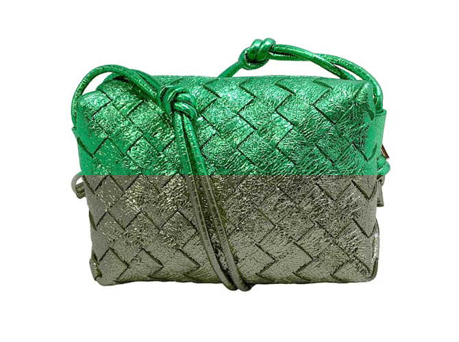 24PF new/BOTTEGA VENETA レザークロスボディポーチ Bag Green BOTTEGA VENETA Metallic Calfskin Intrecciato Mini Loop