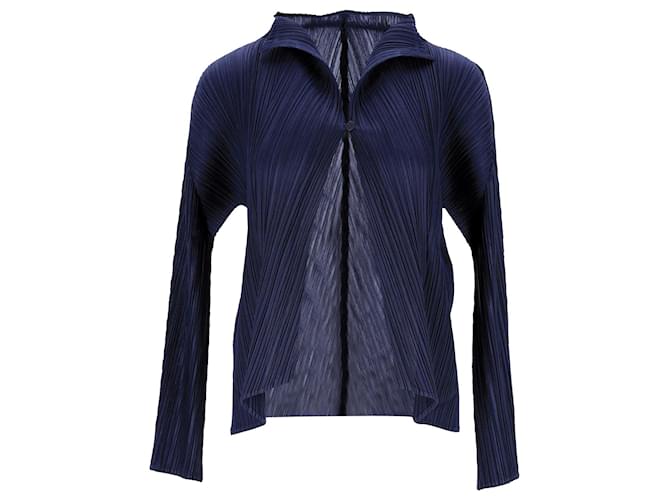 Issey Miyake Pleats Please Button Front Cardigan in Navy Blue