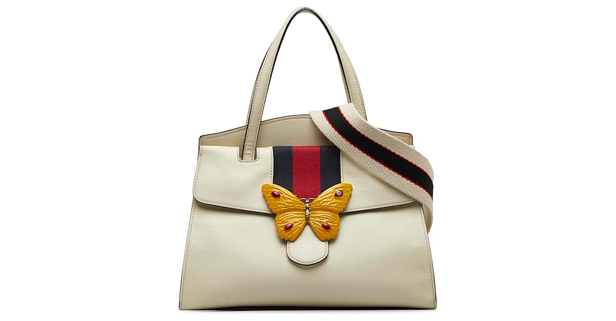 Gucci White Medium Web Linea Butterfly Totem Satchel Leather Pony style calfskin ref.1101783 Joli Closet