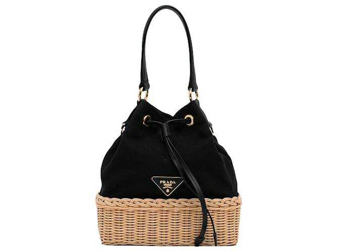 Prada Black Midollino and Canapa Bucket Bag Cloth Cloth ref