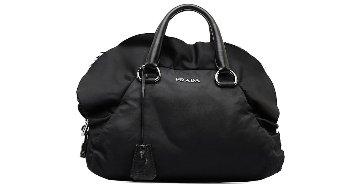 Prada Black Tessuto Ruffle Trim Bowler Bag Leather Pony style calfskin Nylon Cloth ref.1109420