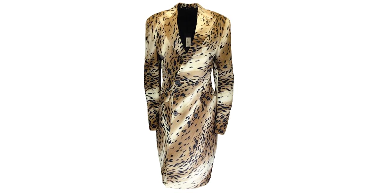 R13 Tan Black Leopard Printed lined Breasted Coat Camel