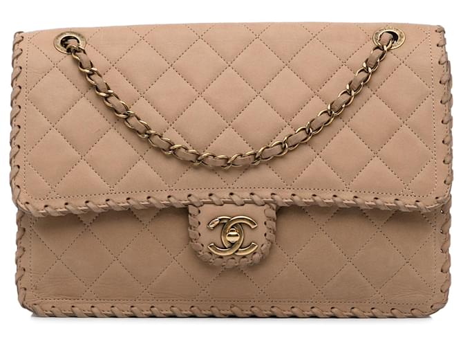 Chanel Brown Jumbo Suede Happy Stitch Flap Bag Beige Leather Pony