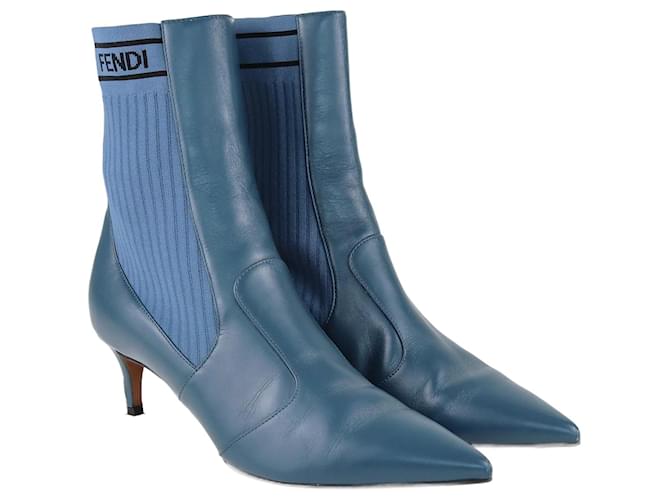 Fendi Blue Rockoko Pointed Toe Ankle Boots Leather