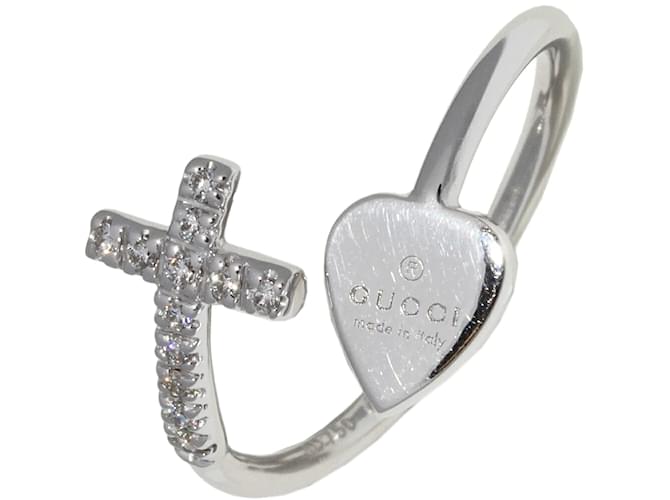 Gucci 18k Gold Diamond Cross Heart Ring Silvery Metal ref