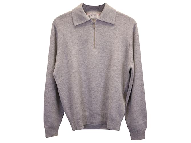 Brunello Cucinelli Cashmere Zip-Up Polo Sweater in Grey Cashmere