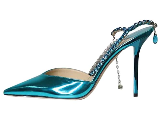 Jimmy Choo Scarpe con tacco blu metallizzato a punta e cinturino