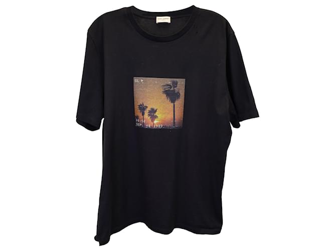 Saint Laurent Palm Tree Print T-Shirt in Black Cotton ref