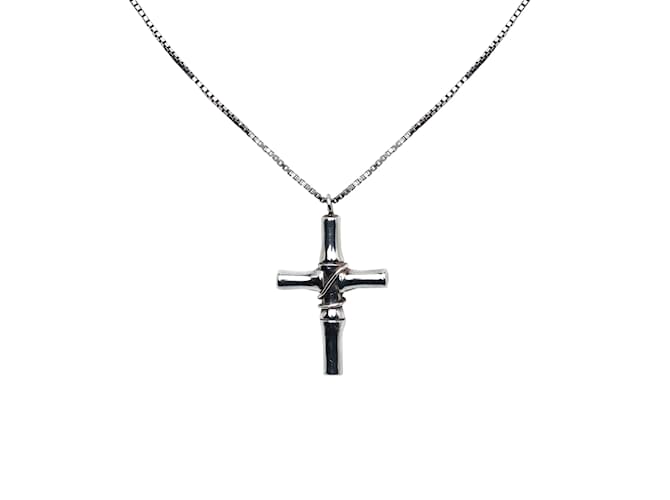 Silver Gucci Bamboo Cross Necklace Silvery Cloth ref.1134127