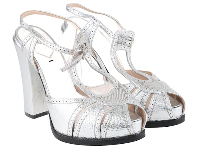 Fendi Silver Chameleon Block Heel Sandals Silvery Leather