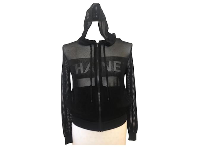CHANELジップパース Chanel 19P New Black Mesh Hoodie Logo Zip Up Sweater Size Small