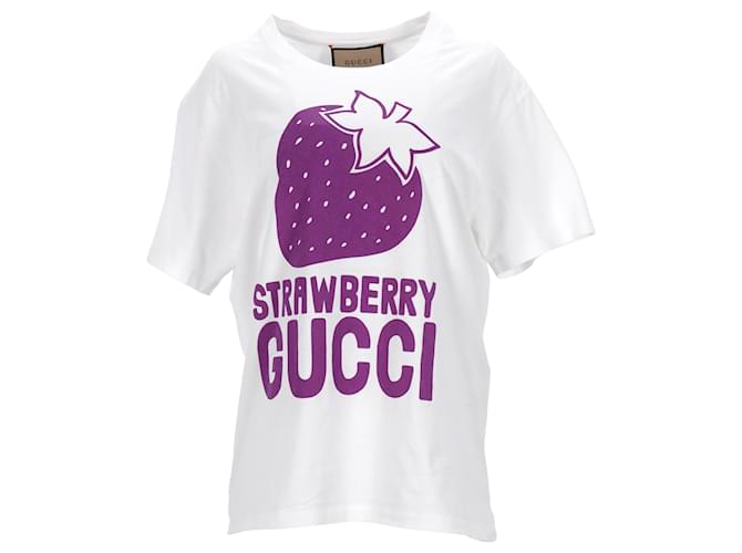 Gucci Strawberry Logo Print T-shirt in White Cotton ref.1165554