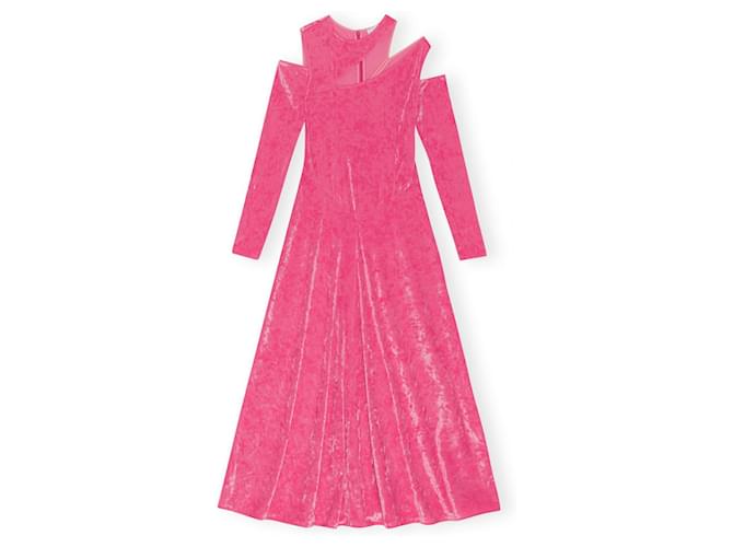 ganni pink velvet dress GANNI Ruched Stretch Recycled-Velvet Mini Dress