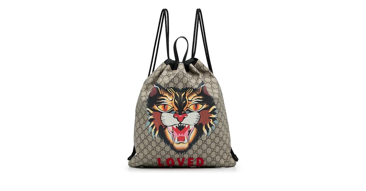 Brown Gucci GG Supreme Angry Cat Drawstring Backpack Leather ref