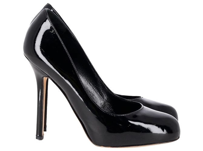 Escarpins Sergio Rossi à Bout Ouvert Avec Plateforme - Cuir Vernis Noir - Taille 40 - Occasion Comme Neuf