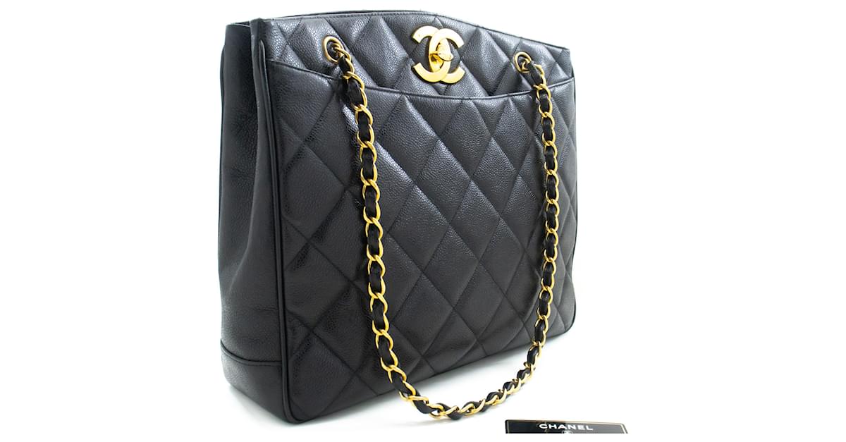 CHANEL Caviar Large Chain Shoulder Bag Black Quilted Leather