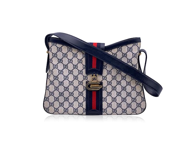 Gucci Vintage Blue Monogram Canvas Shoulder Bag with Stripes Cloth