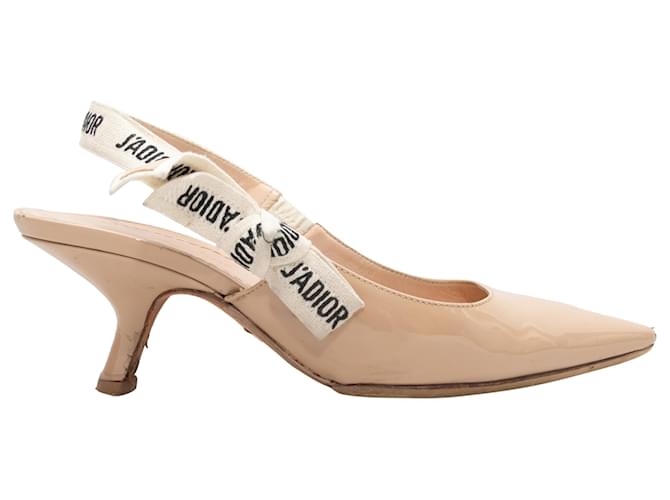 Beige Christian Dior Patent Pointed-Toe Slingbacks Size 36.5