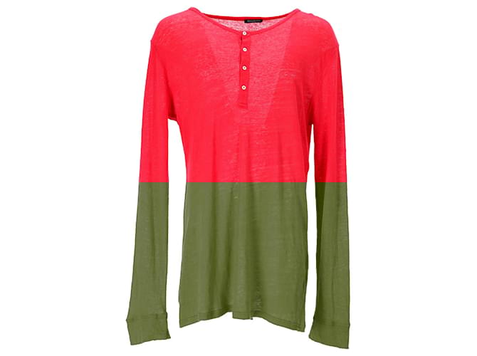 Balmain Half-Button Long Sleeve T-Shirt in Red Linen