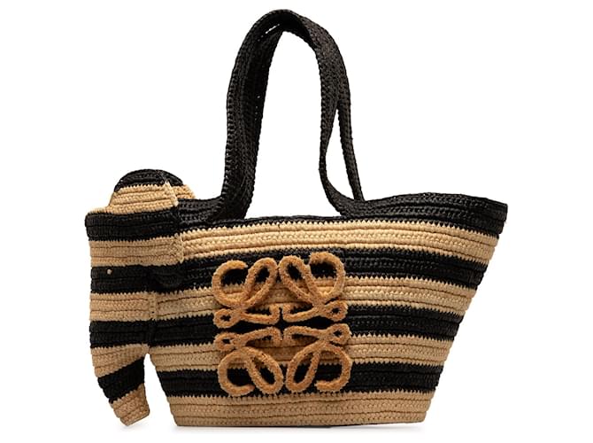 Tote tipo cesta a rayas con anagrama pequeño y elefante marrón de