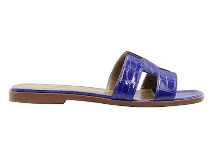 HERMÈS Oran Sandals In Alligator Bleu Blue Joli Closet
