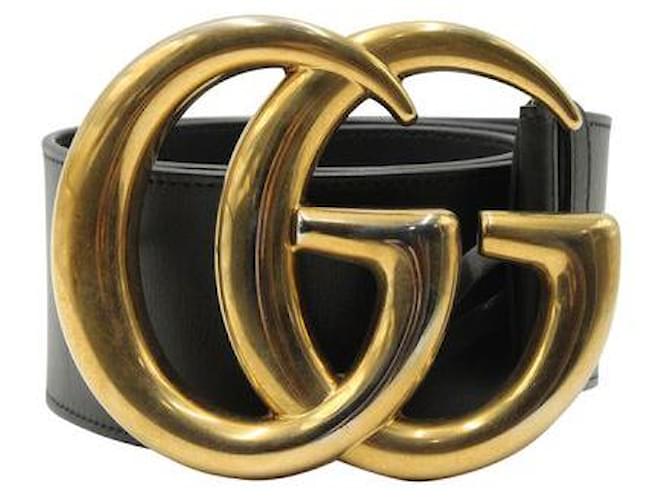 Gucci Black Leather Belt with Large Antique Brass GG Buckle ref