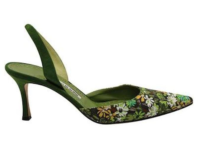 Manolo Blahnik Green Print Slingback Pointed Toes Heels Leather