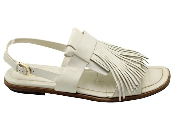関税送料込Tods Leather Fringe Sandals Tod's Fringed Slingback Flat Sandals in White Leather ref